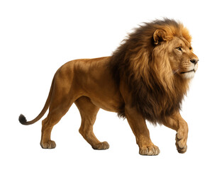 Obraz premium Majestic lion with a full mane and strong physique, shown in side profile.