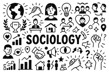 Sociology doodle with people communication justice equality and education symbols, Transparent Background