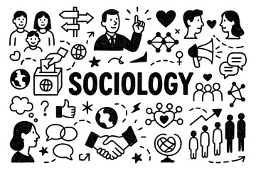 Sociology doodle with people communication justice equality and education symbols, Transparent Background
