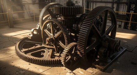 Large Gear Mechanism Concrete Floor Soft Sunlight Symbol Of Industrial Progress