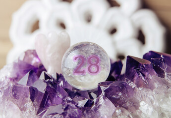 Number twenty-eight gemstone sphere or crystal ball known as crystallum orbis. Natural clear quartz...