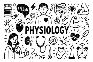 Human physiology doodle with organs brain heart dna and medical science elements, Transparent Background