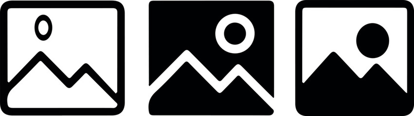 Three image placeholder icons showing mountains and sun one outline two filled black vector