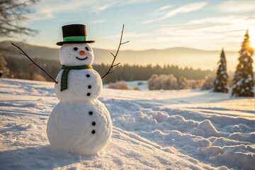 Cheerful Snowman in a Winter Landscape at Sunset – Peaceful Snow Scene with Mountains and Warm Golden Light".