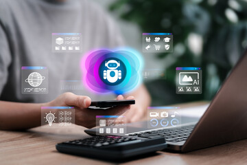 AI Everyday Life Concept, Businesswoman Using Artificial Intelligence for Global Knowledge Search,...