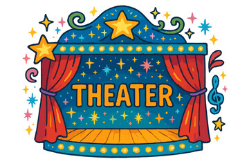Enchanted Ballet Theater. Colorful doodle enchanted ballet theater with glowing lights, stars, and curtains, center word “Theater”