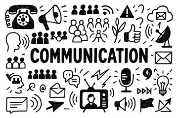 Communication doodle with speech bubbles phone laptop and media symbols, Transparent Background