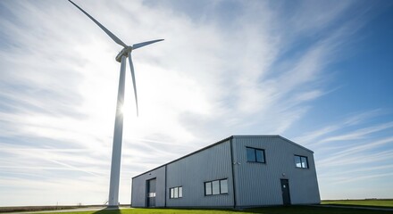 Large Wind Turbine Beside Small Industrial Building Symbol Of Sustainable Future