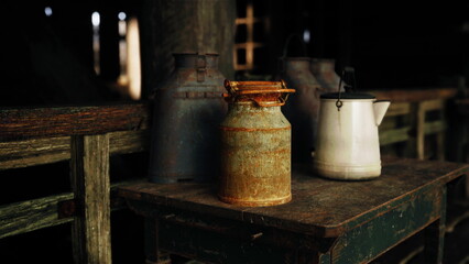 Old milk cans and a kettle sit quietly on a weathered wooden table inside a dimly lit barn. The rustic scene evokes a sense of nostalgia and simplicity in a rural setting.