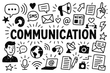 Communication doodle with speech bubbles phone laptop and media symbols, Transparent Background