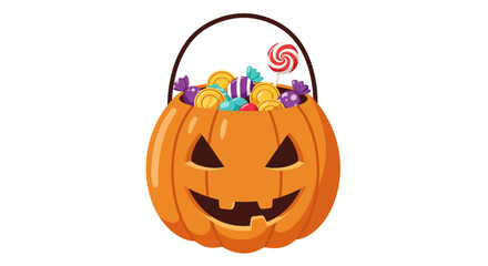 Pumpkin candy bucket filled with Halloween treats.