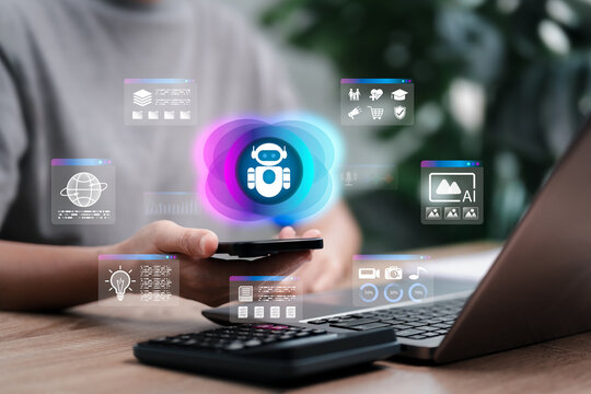 AI Everyday Life Concept, Businesswoman Using Artificial Intelligence for Global Knowledge Search, Smart Tools for Productivity, Creative Content Generation, Digital Learning, Technology Innovation