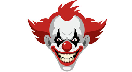 Scary clown face with red hair and evil grin, vector illustration.
