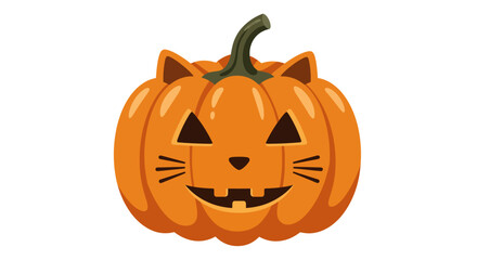 Cartoon Halloween pumpkin with cat ears and a carved face, isolated on white.