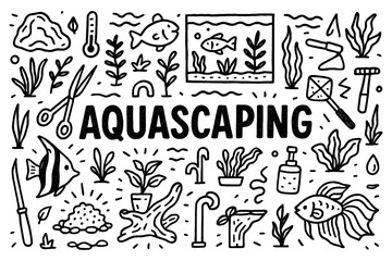 Aquascape hobby doodle with aquarium fish aquatic plants and tools, Transparent Background