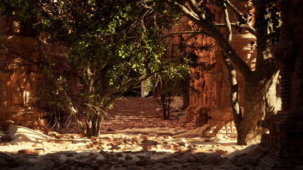 In a tranquil setting, ancient temple ruins are entwined with vibrant green trees. Sunlight filters through foliage, illuminating fallen stones and creating a peaceful atmosphere.