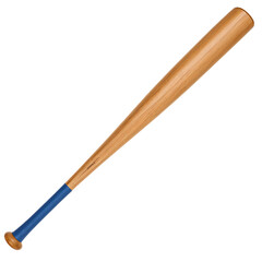 A realistic 3D rendering of a wooden baseball bat with a blue grip, isolated on a white background