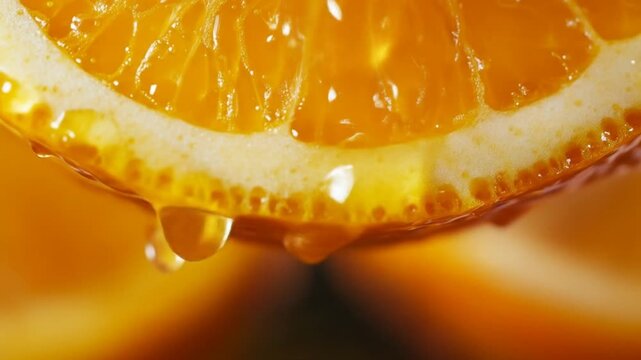 Close up of fresh orange slice with juice droplet dripping