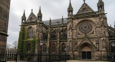 Fototapeta premium The exterior of a grand Gothic cathedral with intricate stone carvings and a rose window, surrounded by a wrought iron fence and ivy, under a cloudy sky.