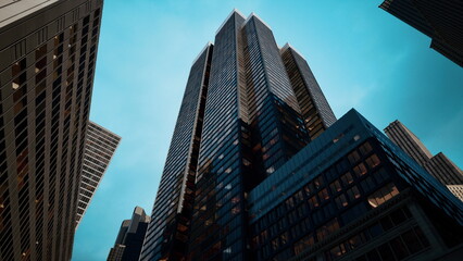 Tall buildings stretch towards the sky, glimmering in the light of a sunny day. The architecture showcases modern design with glass facades reflecting the clear blue above.