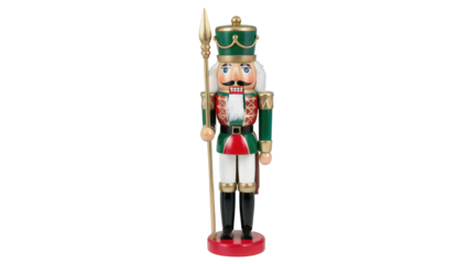 Traditional nutcracker soldier with green hat and spear isolated on transparent background