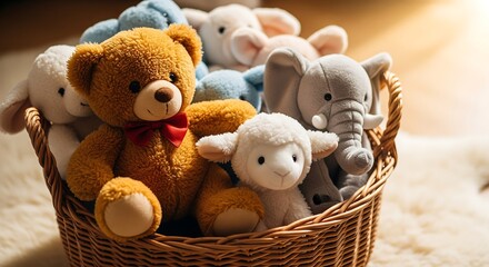 Wicker Basket Filled With Plush Toys Under Soft Warm Light Symbol Of Safety And Comfort