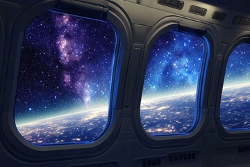 Fototapeta premium View from a spaceship window showing Earth and the cosmos at night