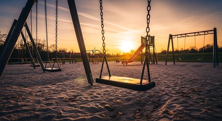 Wooden Swing Gently Swaying In Empty Playground Symbol Of Joyful Childhood Moments