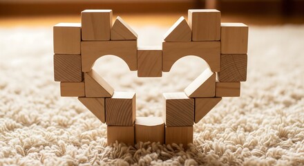Wooden Toy Blocks Forming Heart Shape On Soft Rug Symbol Of Love And Childhood