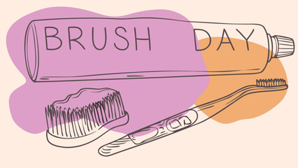 National Brush Day Awareness Poster with Toothpaste, Toothbrush, and Smiling Teeth Cartoon for Dental Health Campaign
