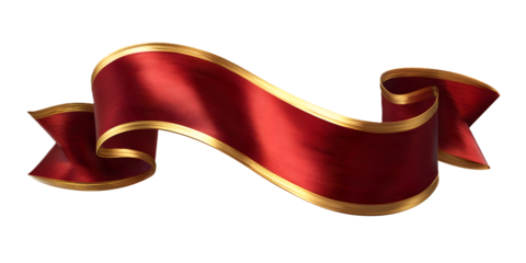 A decorative red ribbon with gold edging isolated on a transparent background