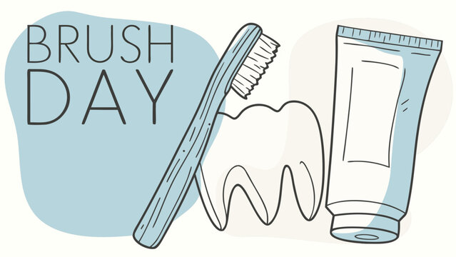 National Brush Day Awareness Poster with Toothpaste, Toothbrush, and Smiling Teeth Cartoon for Dental Health Campaign