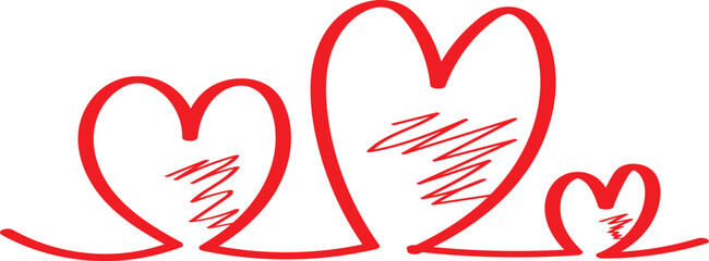Three Red Hearts with Scribbled Fill on White Background