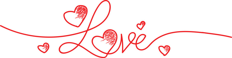 Red Script Word Love with Heart Accents on White Background