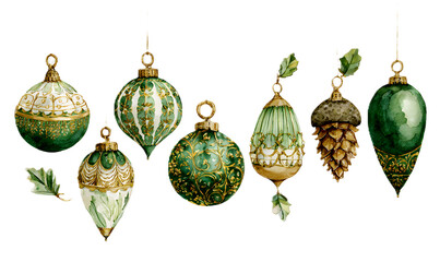Collection of vintage green christmas ornaments and pinecone, detailed watercolor illustration isolated on transparent background
