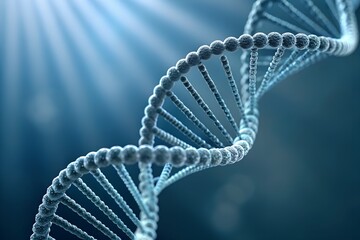 Abstract 3D render of a blue DNA helix spiral structure, representing molecular biology and biotechnology research