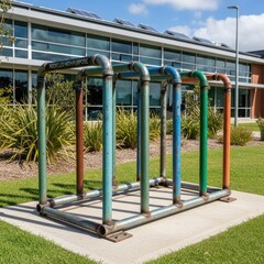 Fototapeta premium Colorful industrial pipe sculpture in front of modern building