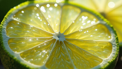 Glossy lime half with radial segments, vivid citrus close-up