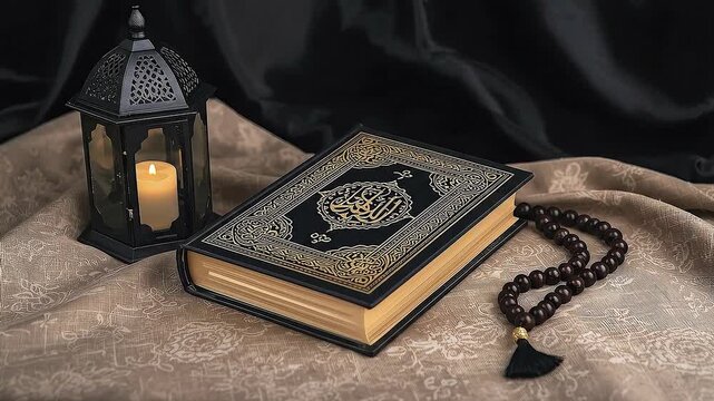 A beautifully arranged composition featuring a richly adorned devotional book with intricate gold patterns, resting alongside a traditional metallic lantern holding a warm, glowing candle. A string of