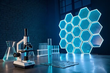 Futuristic blue hexagon science background with chemical formulas and technology for medical research in a digital laboratory concept