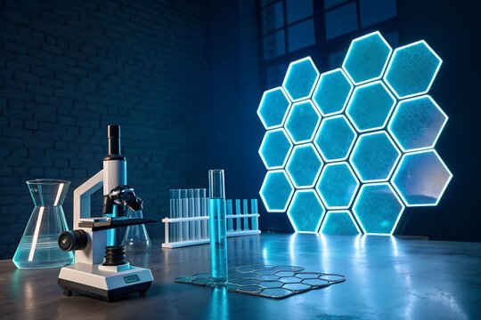 Futuristic blue hexagon science background with chemical formulas and technology for medical research in a digital laboratory concept - Powered by Adobe