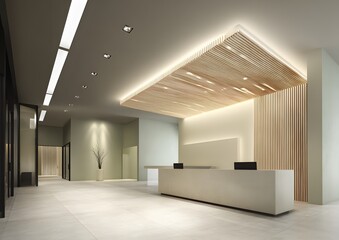 Obraz premium reception zone with linear lights and soft tone palette, 3d render,
