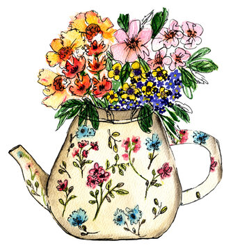 Teiera decorata, contenente fiori di campo multicolore, dipinto ad acquerello isolato su sfondo bianco