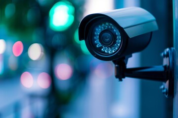 Security camera capturing night scene on city street, ensuring safety and surveillance