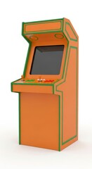 Orange arcade cabinet with green trim isolated on a white background, retro arcade game