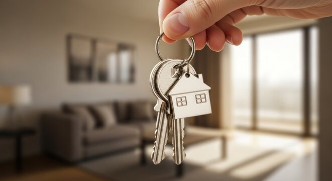 A hand holding a set of keys with a house-shaped keychain in a modern living room with a large window and a couch in the background. - Powered by Adobe