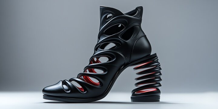 Futuristic Black High Heel Shoe with Spiral Spring Heel and Cutout Design on Gray Background