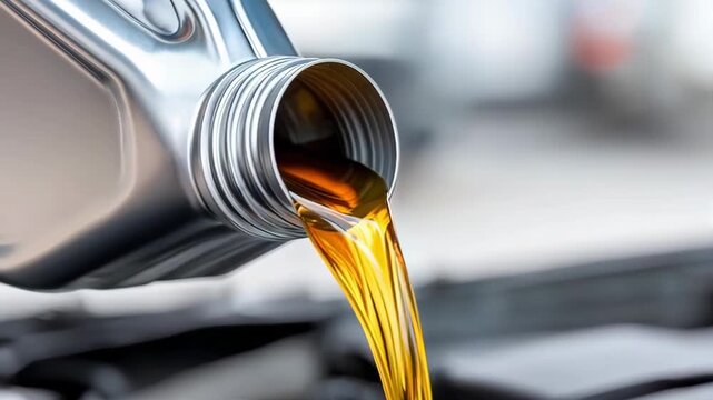 A close-up shot captures fresh motor oil, a golden-amber fluid, steadily pouring from a silver container into a car engine, highlighting routine vehicle maintenance.