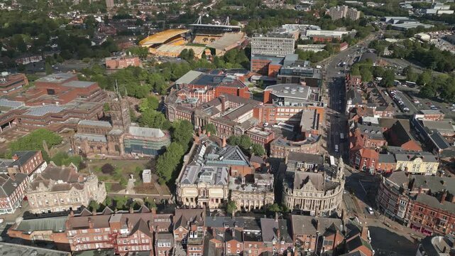 Aerial view of main buildings of Wolverhampton city centre, England