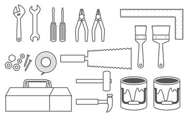 フラットイラスト：DIY工具イラストセット(アウトライン)